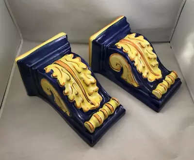 LA MUSA ART POTTERY ITALY Hand Painted Rare Glazed COBALT Corbel Shelf Bookends • $19.99