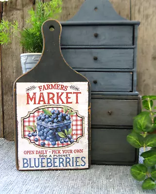 Vintage Wood Bread Cutting Board Blue Milk Paint Farm Market Blueberries Sign • $28