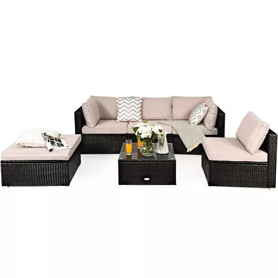 Costway 6PCS Outdoor Patio Rattan Furniture Set Cushioned Sectional Sofa Beige • $509.99