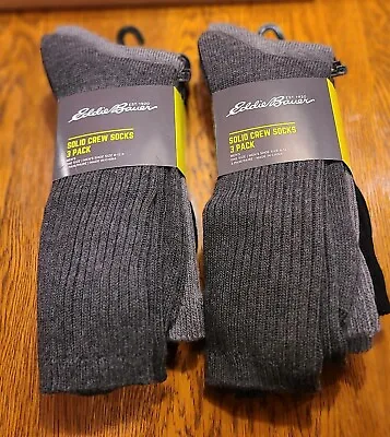 2 New 3 Packs Of Men's Eddie Bauer Crew Socks Black Grey Sz 6 - 12.4... • $18.99
