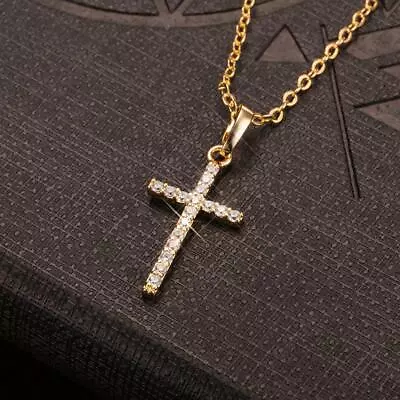 Simple 18K Gold Plated Cross Pendant Necklace Crystal Jesus Cross For Women Men  • £3.99