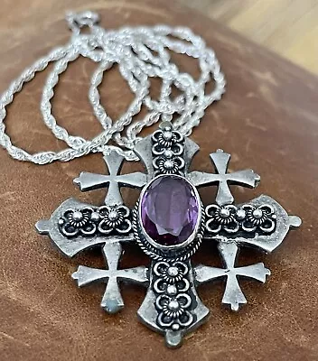 Vtg Jerusalem 900 Silver Maltese Crusader Cross Amethyst Brooch/Pendant Necklace • $175