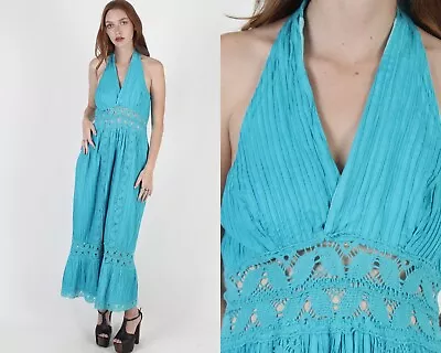 Vintage Mexican Festival Dress Crochet Lace Turquoise Cotton Pintuck Halter Maxi • $74