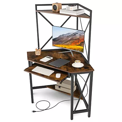 Corner Desk Space-Saving Computer Desk With Shelves & Keyboard Tray Rustic Brown • $169.95