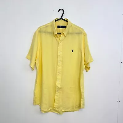 Ralph Lauren 100 % Linen Button-Up Shirt Mens Size L Yellow Holiday Short-Sleeve • £44.99