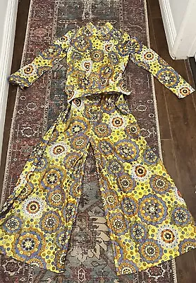 Vtg 70’s ADORABLE ORIGINALS Yellow Paisley Jumpsuit Flare Legs Ladies M • $65