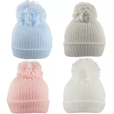 Baby Pom Pom Beanie Hat Knitted Bobble Cap Boy Girl NB 0-3 3-6 6-12 • £5.95