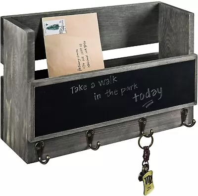 MyGift Vintage Gray Wood Wall Mounted Mail Holder With Chalkboard And Key Hooks • $29.99