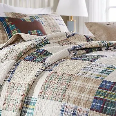 New! ~ Cozy Country Tan Beige Blue Red Green Denim Cabin Lodge Plaid Quilt Set • $167.32