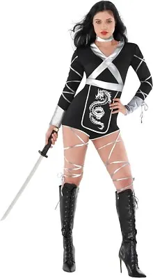 Women`s Silver Dragon Ninja Costume Warrior Jumpsuit Halloween Fancy Dress S-XL • £29.99