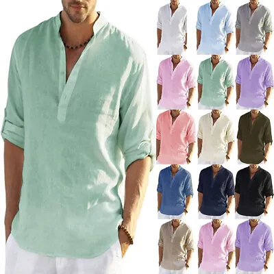 Mens Cotton Linen Beach Shirts Casual Baggy Loose Summer Shirt Blouse Tops Tee • $18.23
