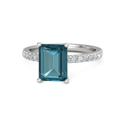 £1648.49 • Buy Real Blue Topaz Diamond Women Ring Emerald Cut 2.20 Carat 950 Platinum Size L M