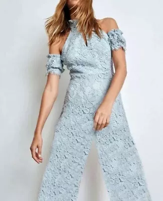 $749 Alexis *izza* Sistine Blue Lace Cold Shoulder Choker Jumpsuit Catsuit S • £123.73