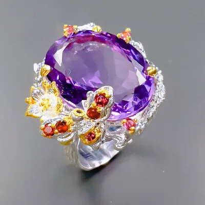 Natural 32ct+  Not Enhanced Amethyst Ring 925 Sterling Silver Size 7.5 /R323888 • $34.99