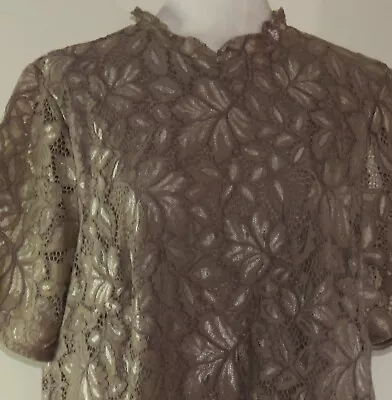 H&M Tan Leaf Pattern Short Sleeve Pullover Top With Lace Overlay Size M (C1088) • $12