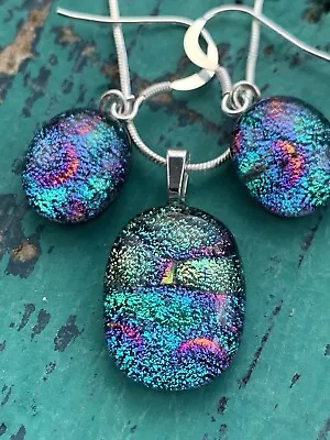 Dichroic Glass Earrings & Pendant Set Handmade Cornwall Turquoise Rainbow • £35