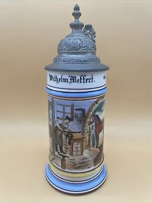 AQ-Germany Beer Stein Tankard Wilhelm Meffert “Blacksmith Shop” Pewter Lid 0.5 L • $97