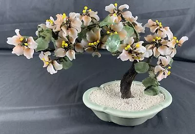 ✨Vintage Chinese Jade Quartz Stone Glass Bonsai Tree Celadon Pot 11x9x4.5” ✨ • $54.99