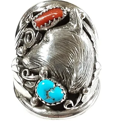 NAVAJO KREE BLANCHARD STERLING HEAVY WOLF CORAL & TURQUOISE SIZE 12 RING 16.86g  • $129.99