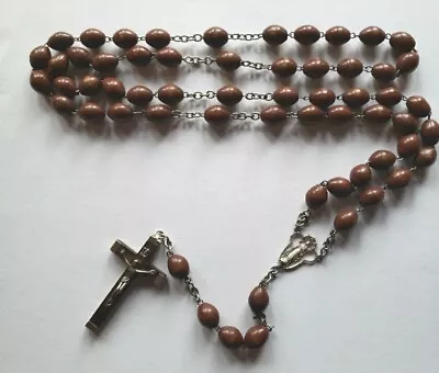 Vtg Lrg Brown Wood Beads Nun's Rosary Mary Medal Crucifix Italy 🇮🇹..  • $18