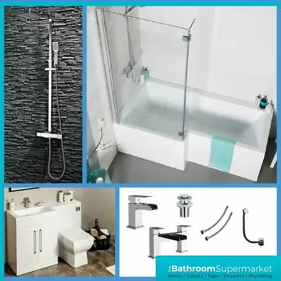 L Shaped Bathroom Suite 1700 Bath L Shaped Furniture BTW Toilet WC Taps & Shower • £740