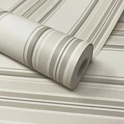 £6.49 • Buy Fine Decor - Neutral Linen And Grey Nautical Stripes Wallpaper - FD21212