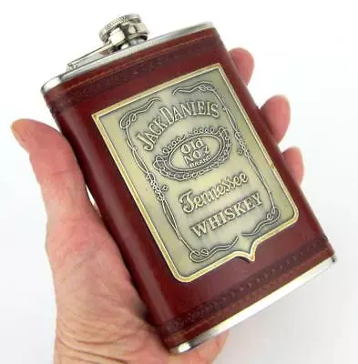 Jack Daniels Leather Hip Flask 9oz Metal Plate Stainless Steel Tennessee Whisky • $50