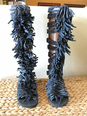 JEFFREY CAMPBELL FRINGE  Blue Gray Suede Cage GLADIATOR Knee High Sandals 6 • $28.90