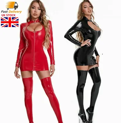 £12.34 • Buy Women Sexy Ladies PVC Leather Zipper WetLook Bodycon Mini Dress Clubwear Party 
