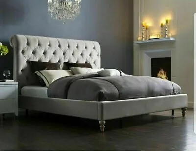 Sleigh Scroll Bed Frame Upholstered Chesterfield In Plush Velvet Soft Velvet S9 • £306.99