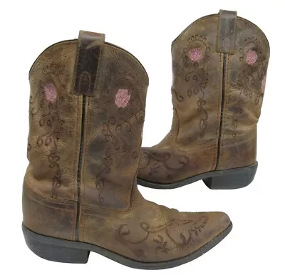 Smoky Mountain 3771 Rose Brown Leather Western Cowboy Boots Girls Kids 2.5 R • $14.30