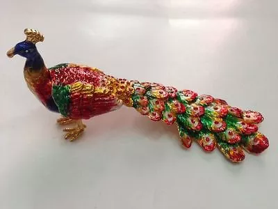 Bejeweled Peacock Feather Statue Trinket Jewelry Box  • $18.99