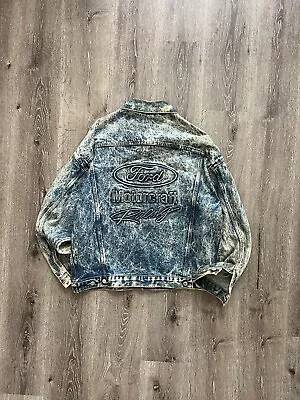 Vintage Ford Motorcraft Racing Size L Blue Button Up Acid Wash Denim Jacket • $65