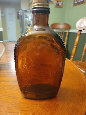 Vintage Log Cabin Syrup Mount Rushmore Amber Brown Glass Bottle With Lid  • $4.75