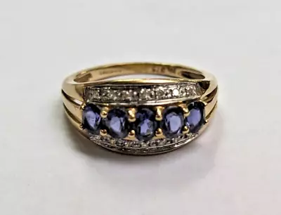 Blue Tanzanite And Diamond Gold Ring UK Ring Size M - 9ct Yellow Gold • $213.42