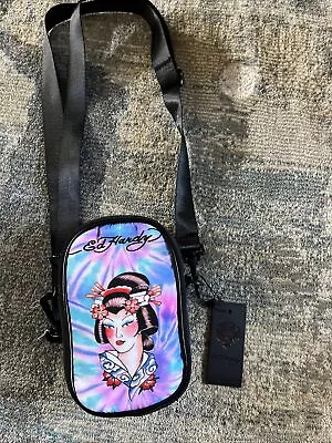 Ed Hardy Unisex Black/Multi Geisha Tatoo Print Nylon Phone Crossbody Bag With Ad • $29.90