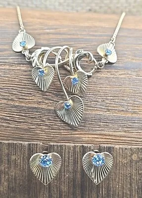 Van Dell Gold Fill Blue Rhinestone Heart Leaf Necklace & Earrings VTG Screw Back • $38