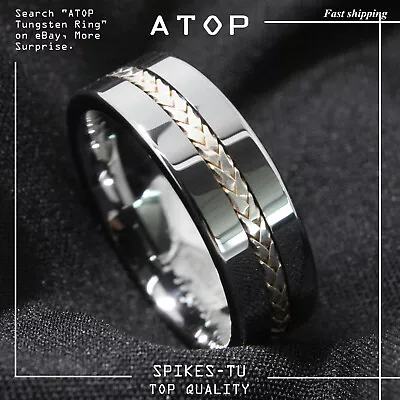 8mm Men's Tungsten Ring Silver Inlay Wedding Band Titanium Color ATOP Jewelry • $24.39