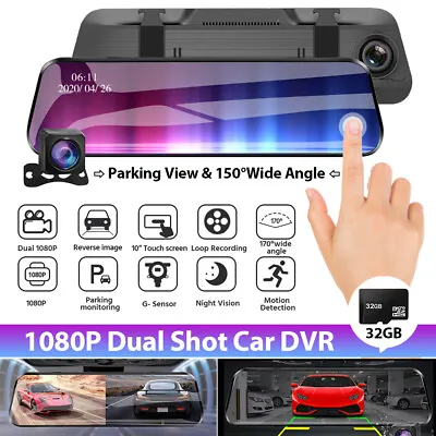 $85.19 • Buy 1080P 10  Dual Lens Car DVR Dash Camera Touch Video Recorder Rear View Mirror