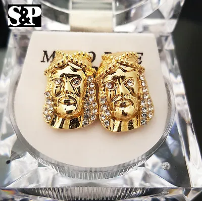 Men Iced 14k Gold Plated Hip Hop Cz Jesus Face Micro Pave Bling Rappers Earrings • $13.99