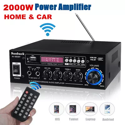 2000W Bluetooth Power Amplifier Stereo Receiver Hifi Amp MP3/USB/SD Reader 2 Mic • £35.99