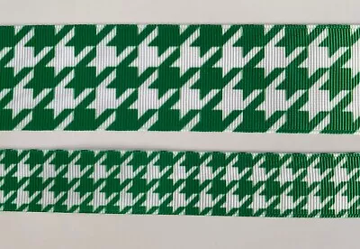 Green And White Large Houndstooth Check Plaid Grosgrain Ribbon  7/8  1.5” • $1.75