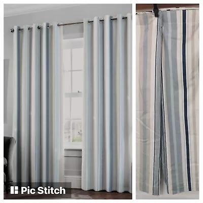 Laura Ashley Awning Seaspray Blue Beige Stripe Lined  Curtains L 132 X W 312 Cm • £28