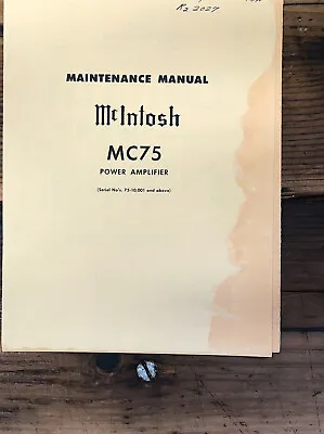 Mcintosh MC75 MC-75 Amplifier  Service Manual / Schematic *Original* • $29.97
