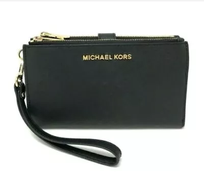 Michael Kors MK Jet Set Travel Double Zip Phone Wristlet Wallet Black/Gold • $34.99