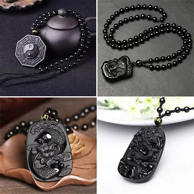 Chinese Natural Black Obsidian Hand Carved Pendant Amulet Lucky Beads Necklace • £7.69