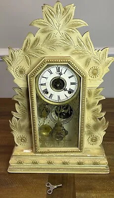 Vintage Gilbert Style Key Wound Mantle Clock Pendulum USA 23.5”x 15” Carved Wood • $128.29