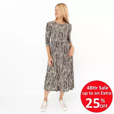 Seasalt Womens Midi Dress Beige & Black Leaves Cotton Line Strokes 3/4 Sleeve • £29.96