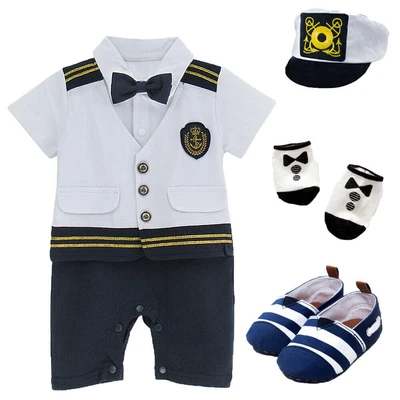 Baby Captain Romper Boy Sailor Costume Girl Anime Outfits Party Jumpsuit + Hat • £12.99
