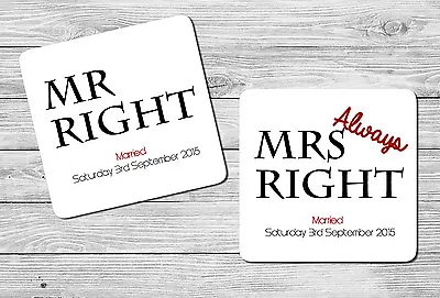£4.95 • Buy Pair Of Personalised Mr Right & Mrs Always Right Wedding Drink Coasters Gift .